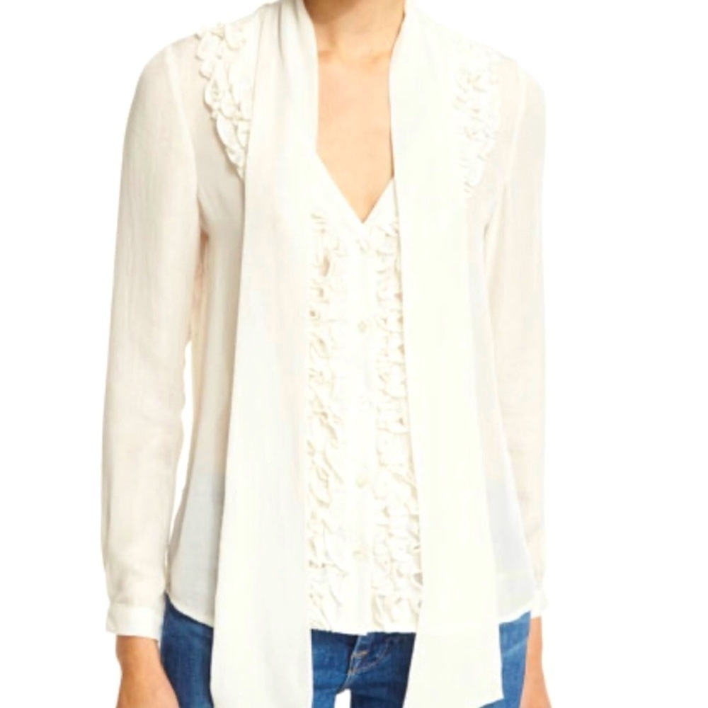 FRAME Ruffle Tie Neck Long Sleeve Sheer Blouse Off White XS